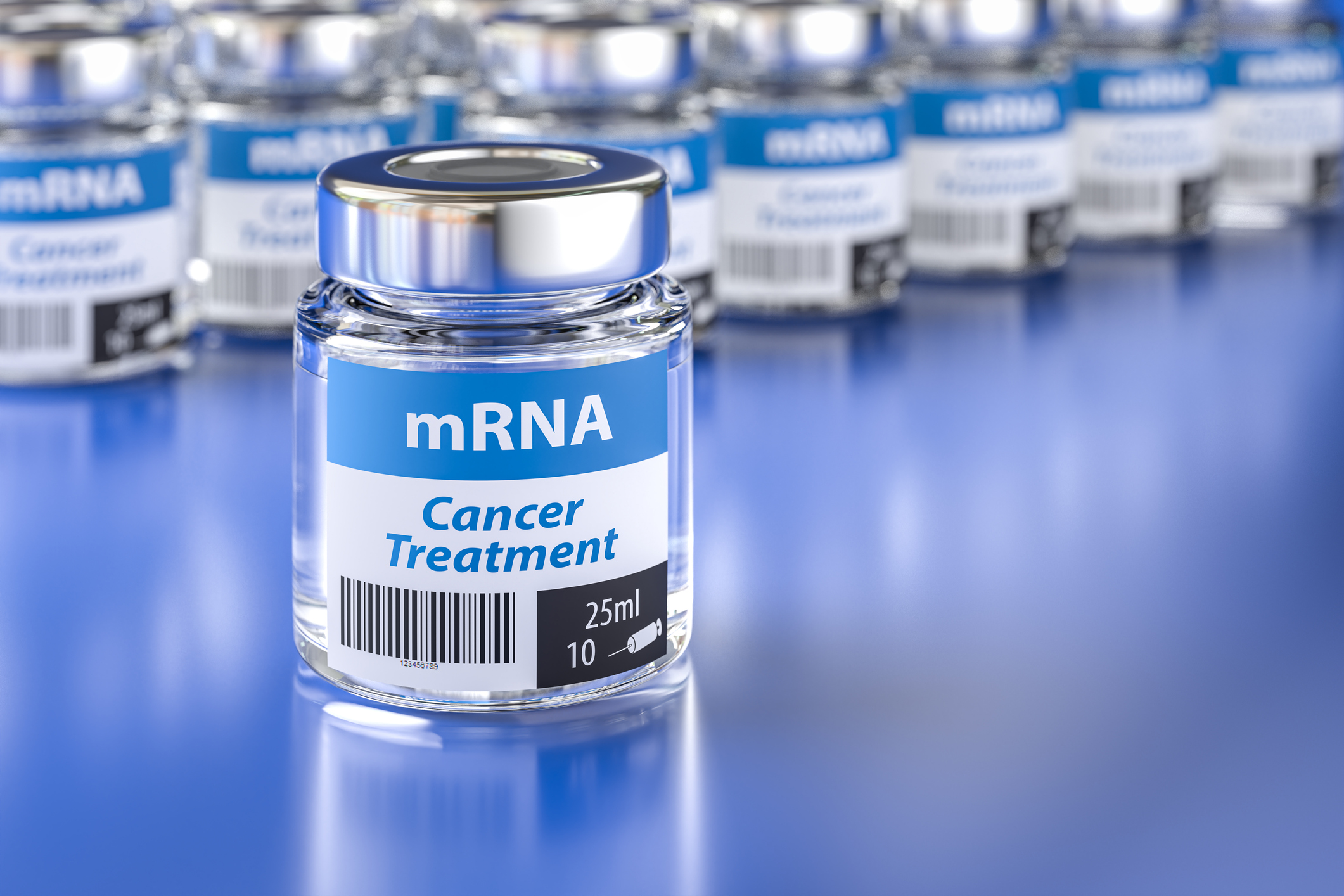 Vials of a fictitious mRNA based cancer treatment. Large group of vials with one standing in front, selective focus on foreground